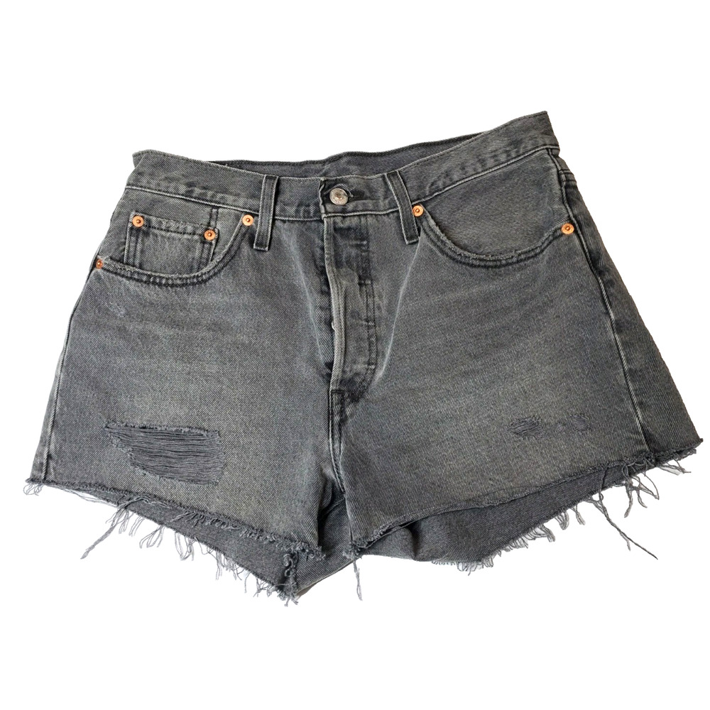 Levi's 501 Denim Jean Shorts Womens 29 Button Fly Distressed Black Wash Cut Offs